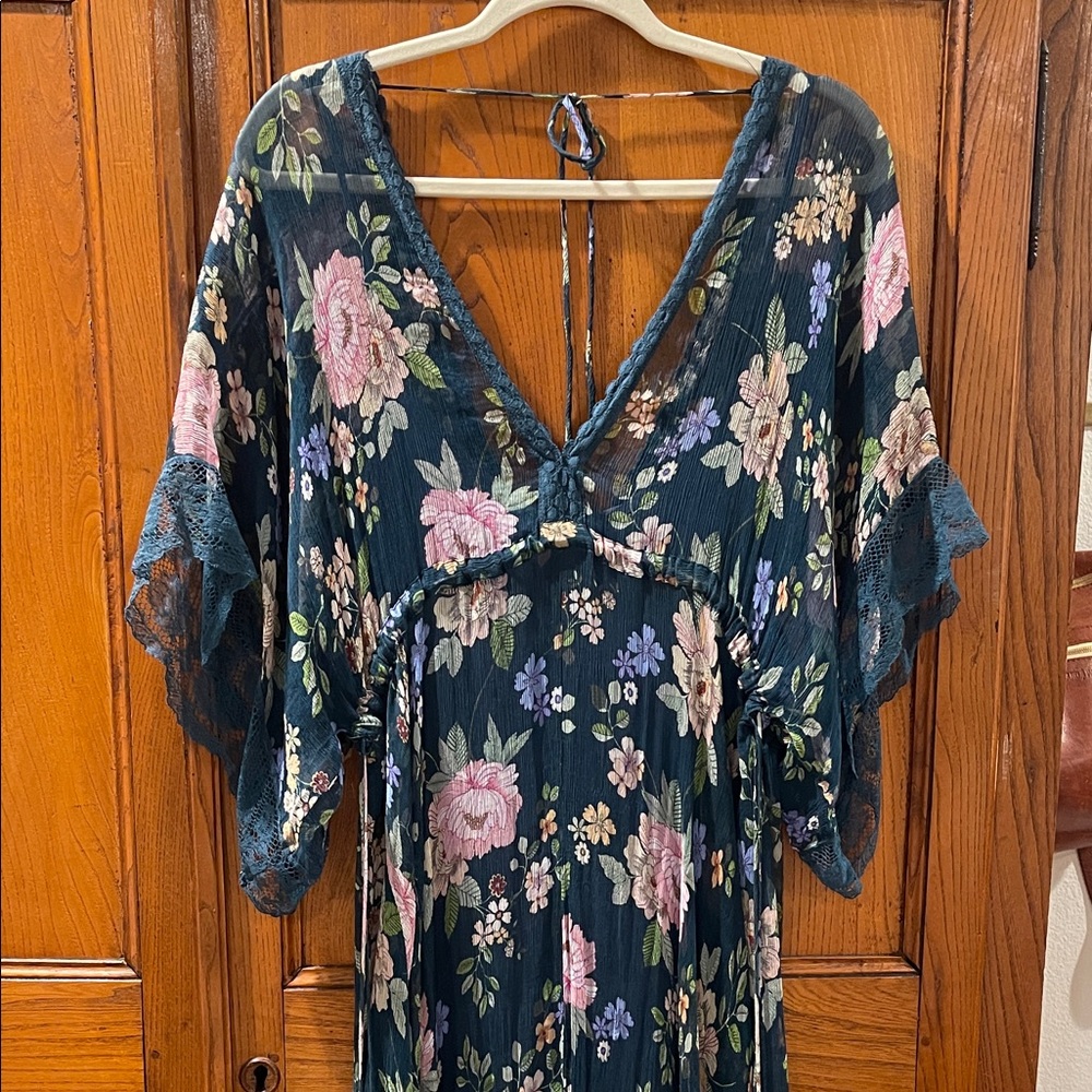 ❗️SOLD❗️Johnny Was Dark Floral V-neck Mesh Maxi Dress with Lace Trim